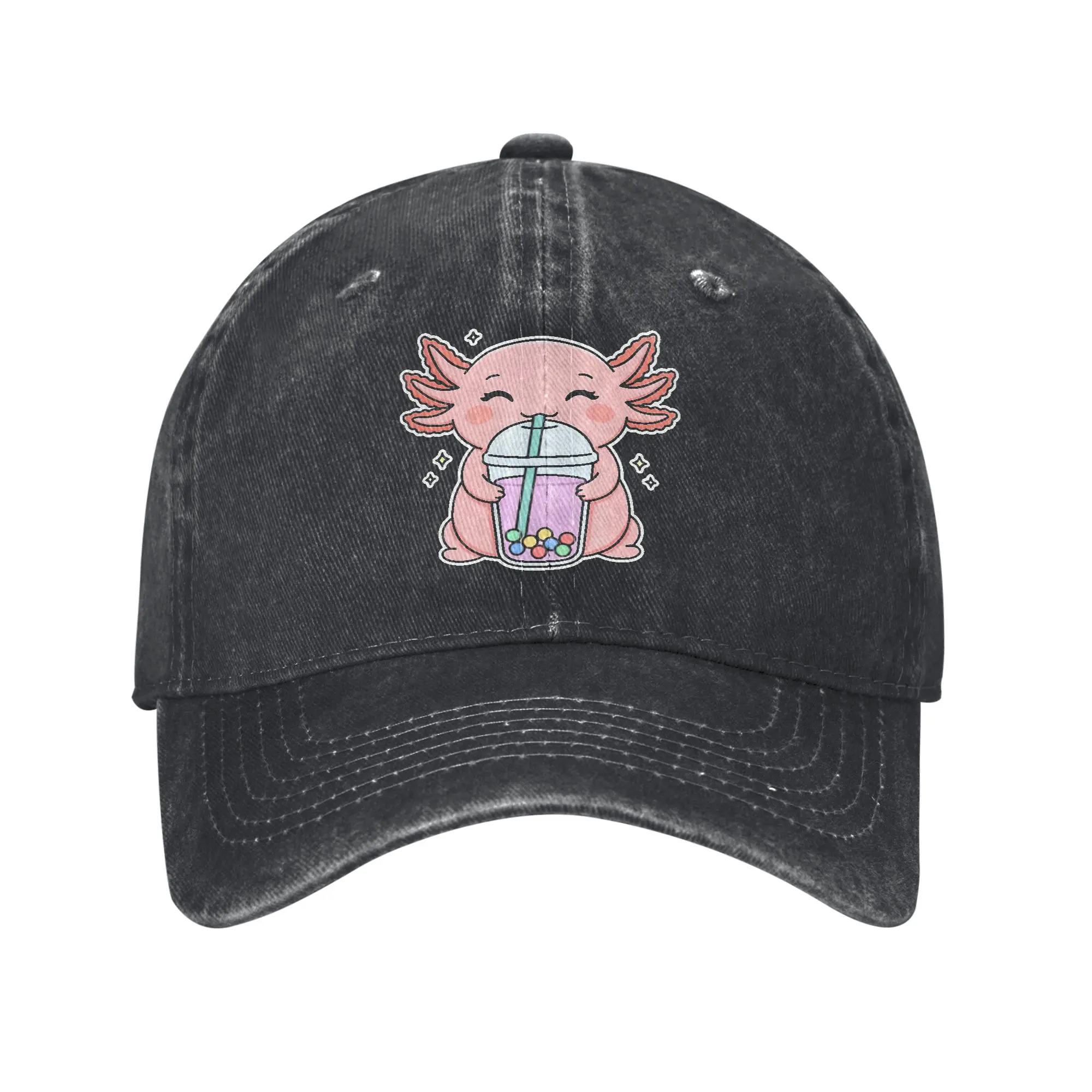 Cute Axolotl Drinking Boba Tea Retro Japanese Anime Sun Baseball Cap  Men Women Print Trucker Hat Summer Wholesale Snapback Cap