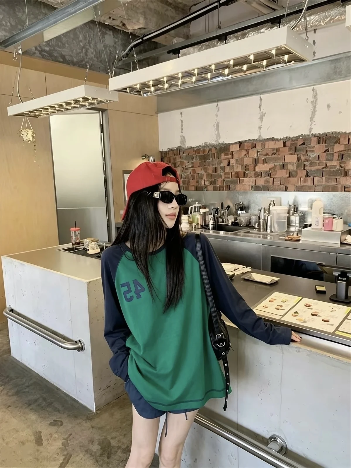 Chang Ru Nan Color Block Shoulder Sleeve Long Sleeve T-Shirt Women's Spring Autumn Loose Slimming Versatile Base Shirt Top
