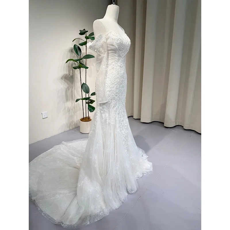 

Light gauze fishtail lace style simple one-shoulder knot welcome and exit dress