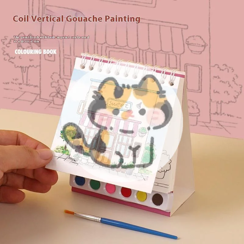 1 Set Desktop Ornament Coil Vertical Watercolor Painting DIY Watercolor Graffiti Book With Built-in Paint Coloring Picture Book