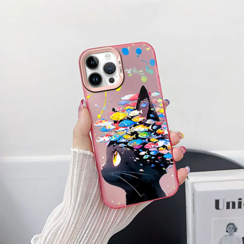 Cute Colorful Black Cat School Of Fish Phone Case for iPhone 12 11 13 14 15 16 Pro Plus IMD Plating Cover