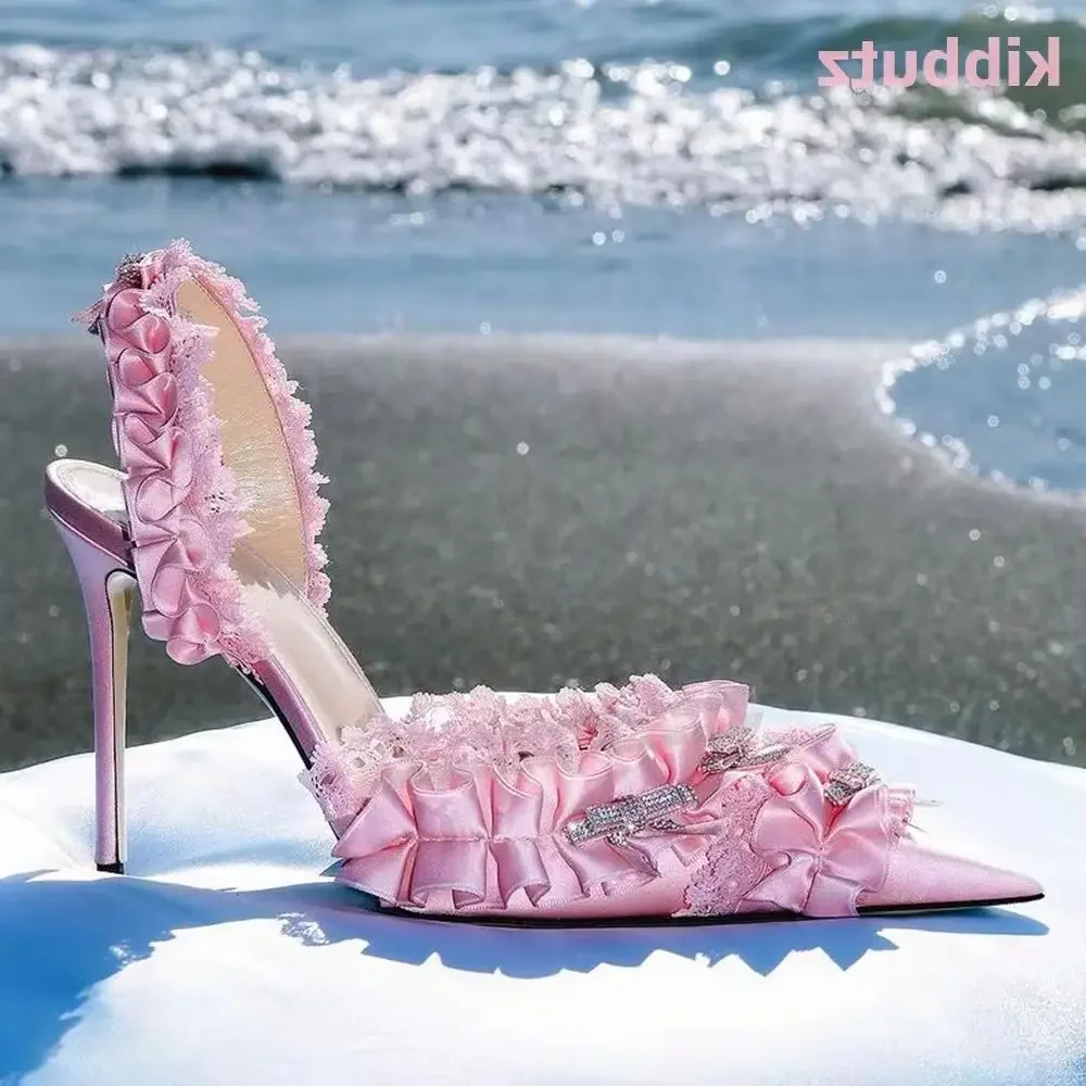 

Crystal Bow Pumps Slingback Solid Pink Elegant French Rococo Style Shoes Newest Ruffled Extravagance Pointed Toe Thin Heel Suede
