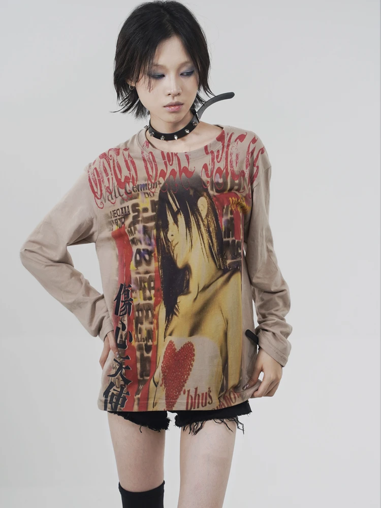 

Original WEBBAR Y2K Japanese Punk Sle 'Sad Angel' Brown Long Sve T-irt Casual Loose Fit Cotton Autumn Faion for Women