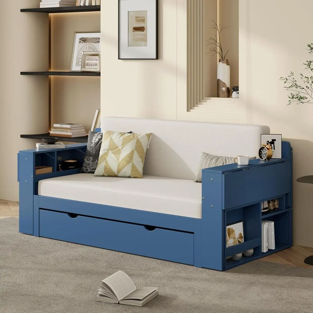 Full Size Bed with Storage Drawers and Removable Desk, Wood Daybed with Hydraulic Side Table for Kids, Teens, and Adults, Blue