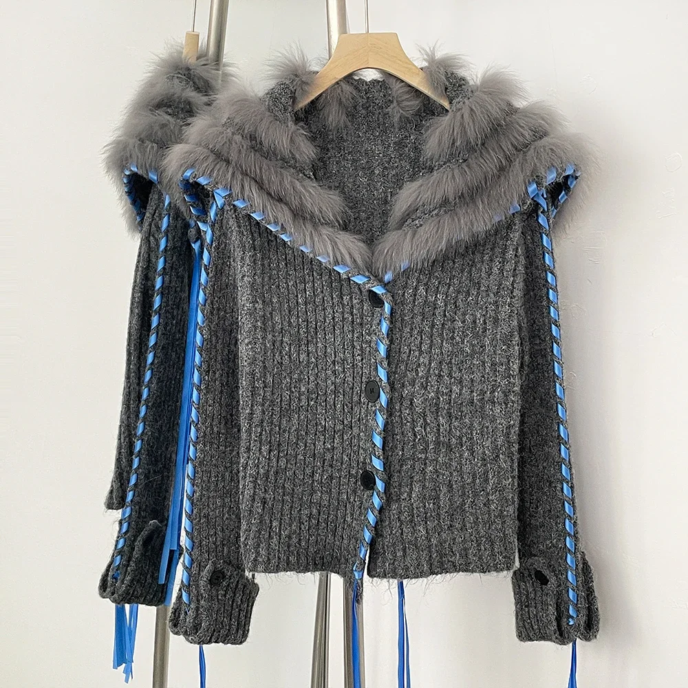 

Вязаная куртка из натурального меха, короткий кардиган, роскошный женский вязаный свитер из натурального лисьего меха, женский весенне-осенний топ, трикотаж, одежда для женщин