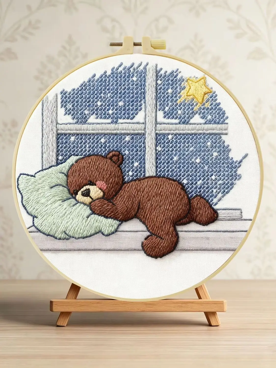 Schlafender Bär auf der Fensterbank 1 Stück DIY Stickerei-Material-Set für Anfänger Stickerei-Starter-Kit Kreuzstich-Kunst als Geschenk Nadel – Detail 1