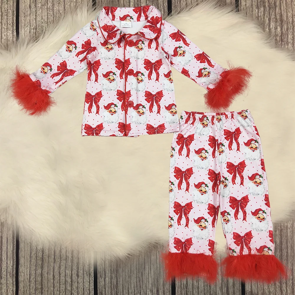 

Baby Girl Pajamas Set Toddler Long Sleeves Buttons Sleepwear Clothes Christmas Fur Bows Shirt Red Pants Children Kids Outfit