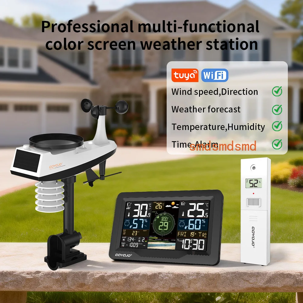 Professional Wi-Fi Weather Station with 7'' Large Colored Display Console, 7-in-1 Solar Powered Wireless Outdoor Weather Sensor