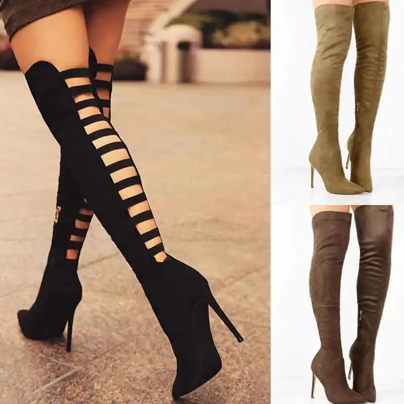 

Sexy Women's Boots Suede Long Boots Fashion Back Hollow Over The Knee Boots Pointed Toe Pumps Thin Heel Plus Size Stretch Boot