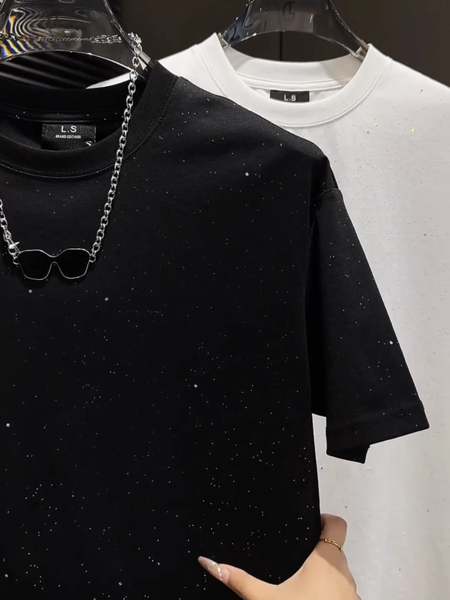 Fashion Starry Sky Heavy Rhinestone Round Neck Short Sleeve T-Shirt Handsome Men's 2025 Summer  Casual Versatile Half Sleeve Top