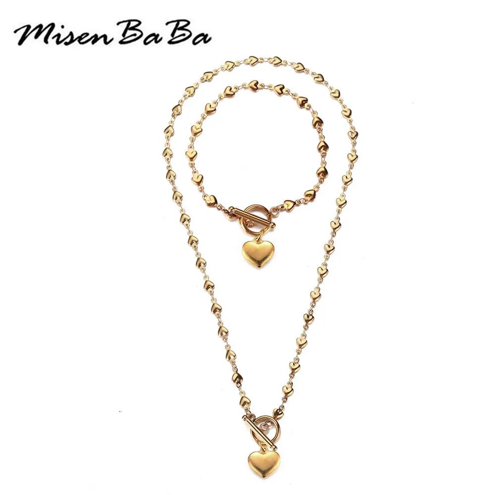 MisenBaBa Edelstahl Herz Schmuckset für Damen Mode Armband Halskette Sets