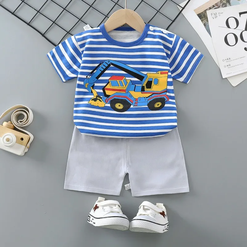 Neues Kinder-Sommer-Set mit Kurzarm-T-Shirt und Shorts für Jungen und Mädchen, Lässiges Zweiteiler-Set für Babys, Locker Sitzende Kinder-Homewear mit Cartoon-Print