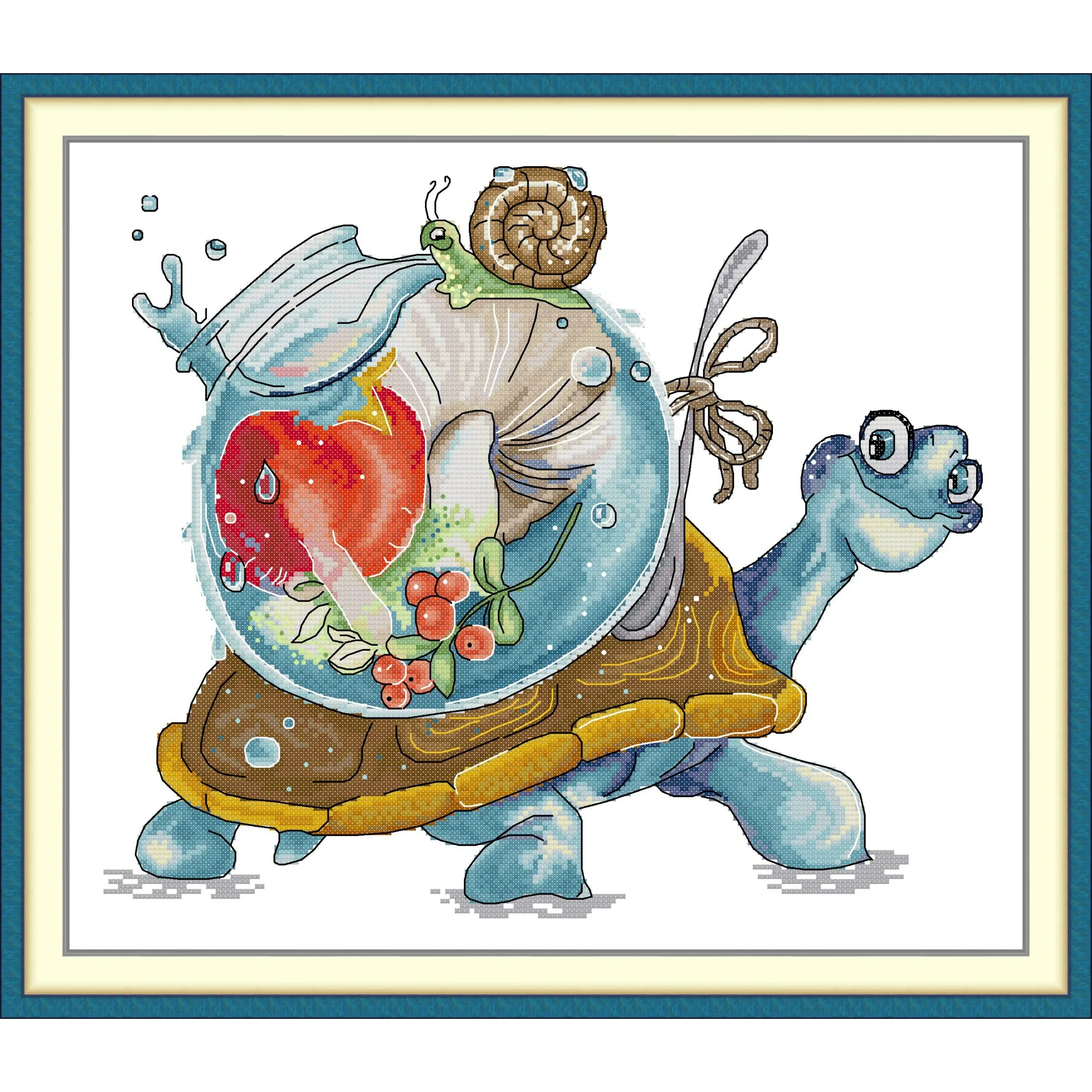 

Soulgift News Pre-Printed Cross Stitch Kit, Stamped Aida Fabric with DMC Threads,Embroidery Kit - The Blue Turtle and The Snail