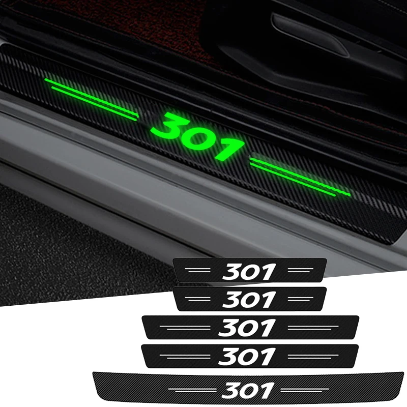 Car Interior for Peugeot 301 Emblem Luminous Carbon Fiber Auto Door Sill Protective Film Threshold Waterproof Stickers Decals