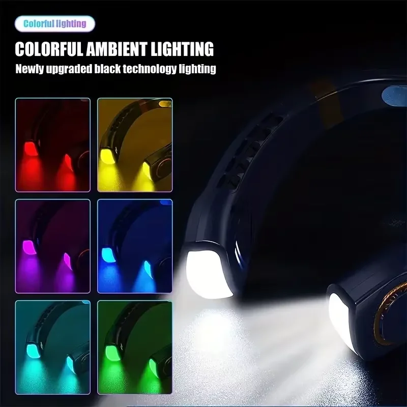 مروحة رقبة محمولة 2025 مع 5 مستويات للسرعة، وبطارية قابلة لإعادة الشحن، وإضاءة محيطة RGB - مثالية للسفر في الصيف والخارج.