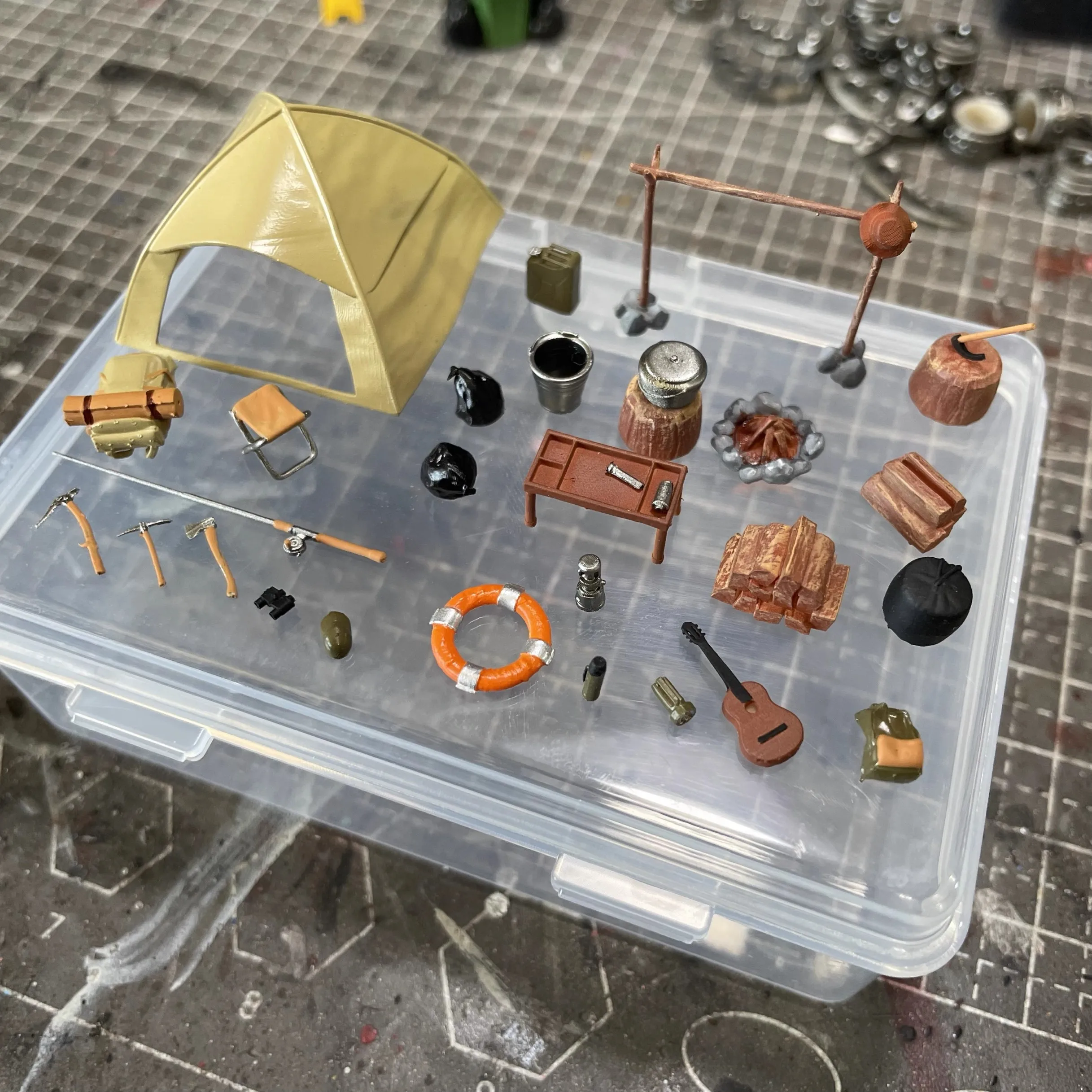 1:64 modelo de cena de acampamento ao ar livre tenda mesa de acampamento e cadeiras guitarra lanterna fogueira diorama