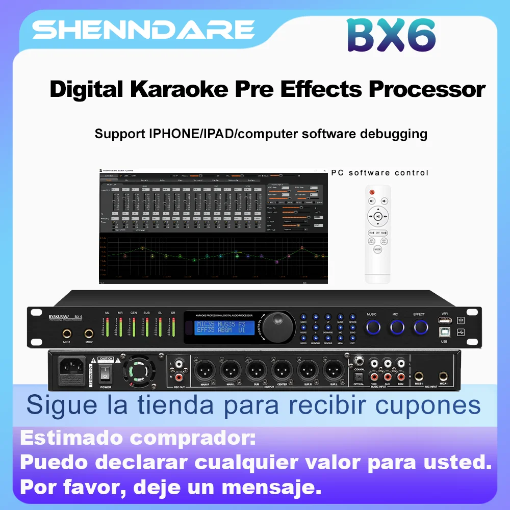 Procesador de Audio Digital profesional, preefectos KTV, BX6, DSP, antiaullidos, Software para PC, Bluetooth, USB