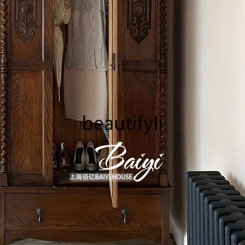

D80 American, retro, wardrobe storage, French, solid wood engraving two-door wardrobe storage