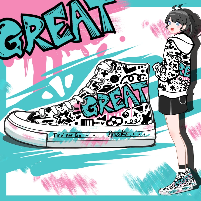 Amy and Michael Original Design Fashion Trendy Women Casual Sneakers Hand Painted Graffiti Canvas Shoes Individual High Top Shoe