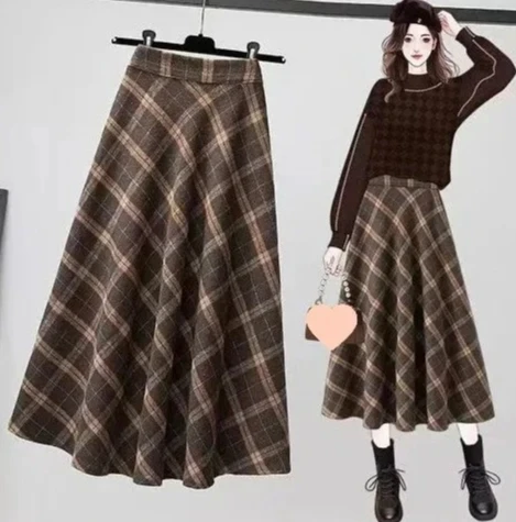 ربيع الخريف خمر متوسطة طول المرأة منقوشة تنورة عالية الخصر التخسيس فستان طويل عصري #6