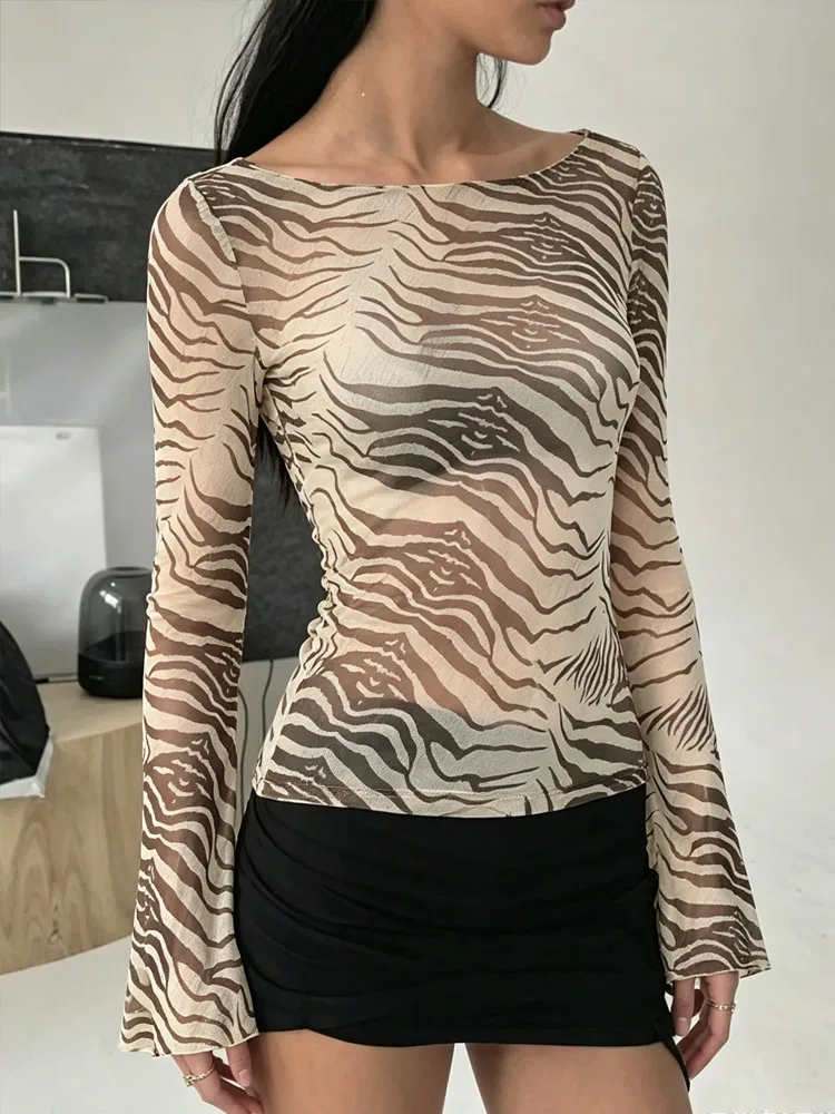 Advanced western-style women's slim fit sexy round neck long sleeved spring and autumn spicy girl perspective fashion top