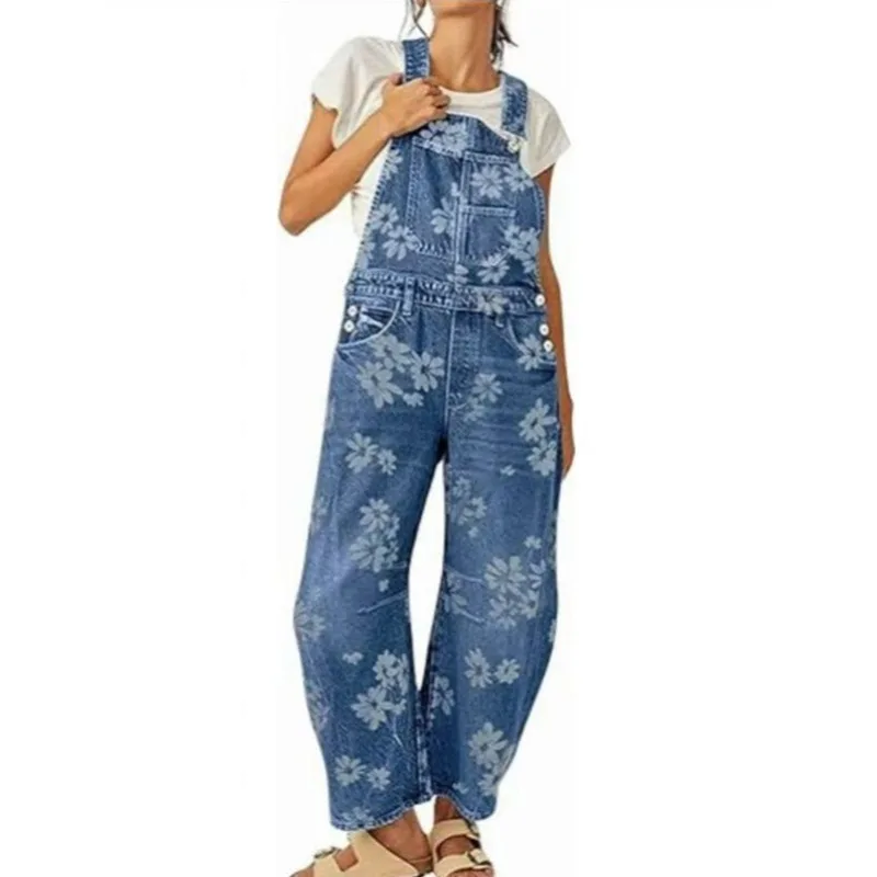 Floral Printed Culottes Pants Jeans Women Denim Overalls Jumpsuits Washed Vintage Rompers Womens Jumpsuit Overalls Clothes Trend