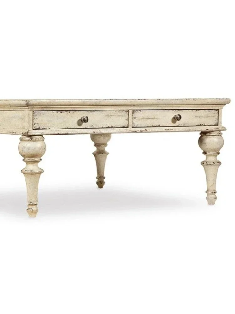 Solid Wood Tea Table French Pastoral Ivory White Antique Distressed Furniture with Drawer Solid Wood