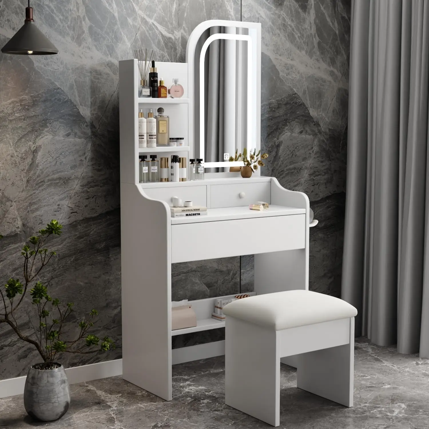 A small dressing table with power socket, a mini white dressing table with mirror and light, and a stool image 5