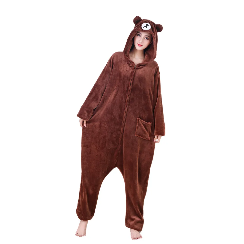 XXL Size Coffee Bear Onesie For Adults Animal Kigurumi Cosplay Costumes Flannel One piece Pyjamas Halloween Carnival Party Wear