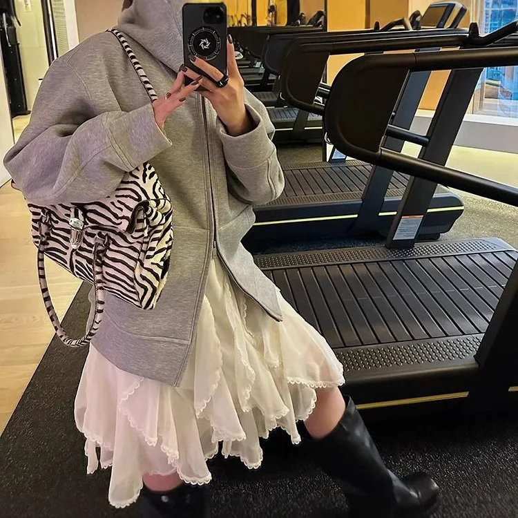 تنورة Ele American Lace المرقعة بخصر عالٍ للنساء، تنورة شيفون حلوة ذات حدود حلوة، تنورة كعكة كاجوال بلون نقي