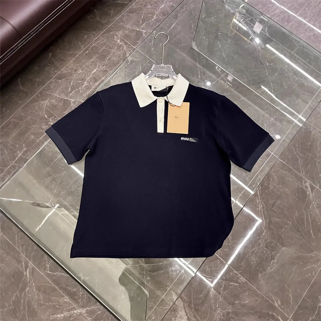 

Spring 2025 New Sle Miu Color Blo Collar irt ort Sve Embroidered Letter Faion Top Quali Cotton Straight Cut