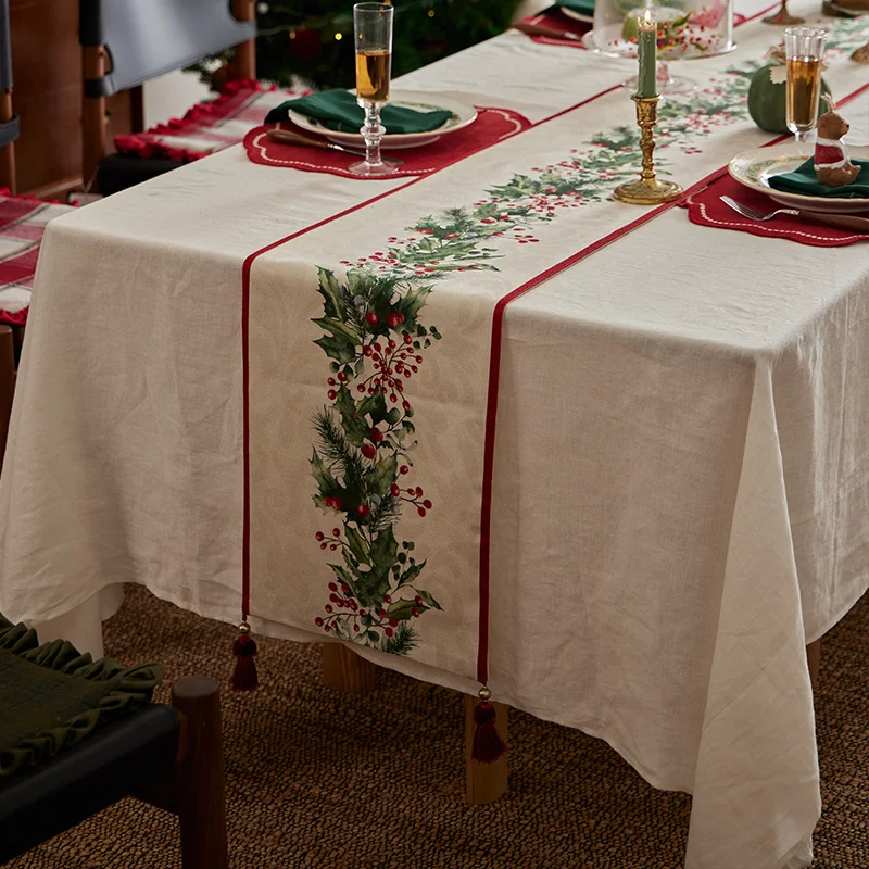 

Christmas Minimalist Style Chenille Table Runner Cabinet Tassel Red-Green Pattern Table Decoration And Accessories Restaurant