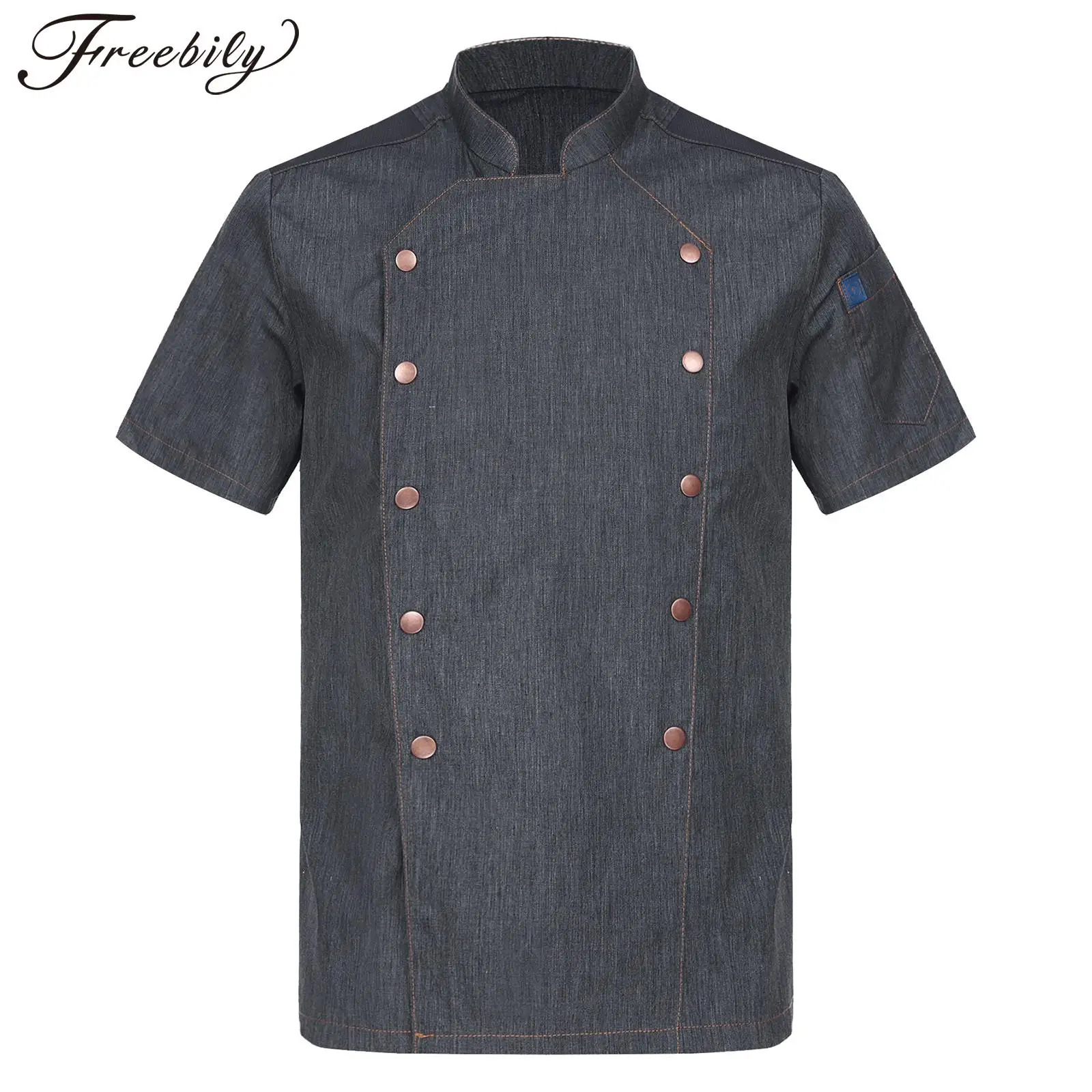 Chef Jacket for Men and Women Short Sleeve Stand Collar Double-Breasted Shirt Kitchen Restaurant Waiter Hotel Cooks Uniform Tops