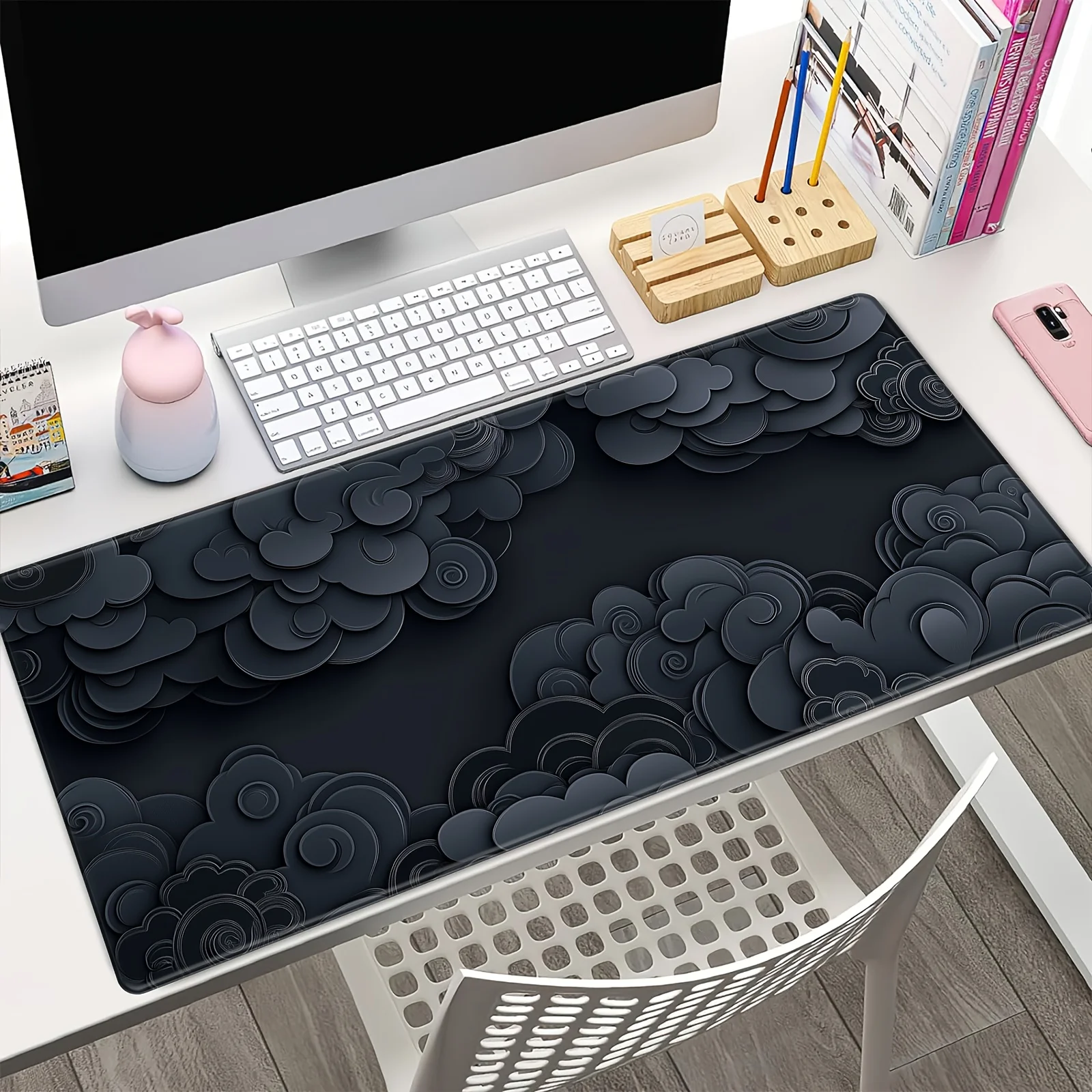 Dark Cloud Pattern Ergonomic Rubber Desk Pad - Anti-Slip, Durable Mouse Pad for Office & Gaming, Easy to Clean, Stylish Black De