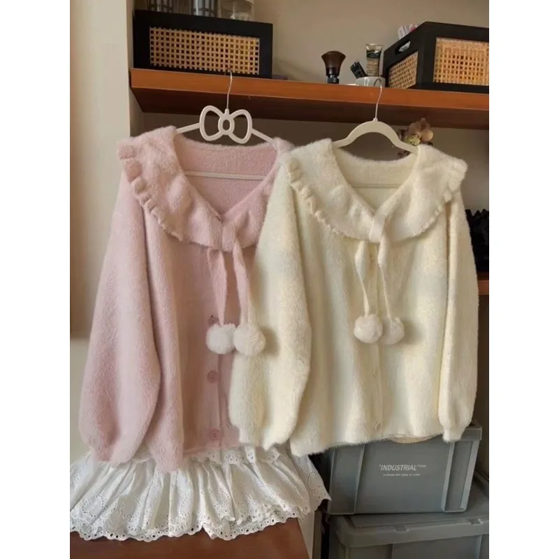 خمر Kawaii طويلة الأكمام سترة مشغولة من الصوف معطف المرأة اليابانية لطيف سستة بلوزات الإناث عادية Y2k سترة معطف شيك #2