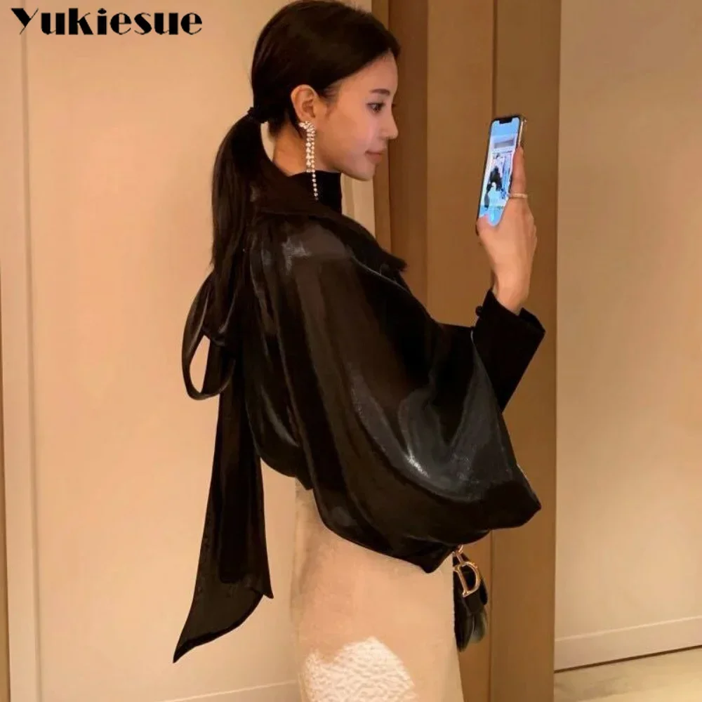 Spring Autumn Women Fashion Tops New Shirts Lantern Sleeve Stand Collar Solid Casual Vintage Elegant Temperament Long-Sleeved