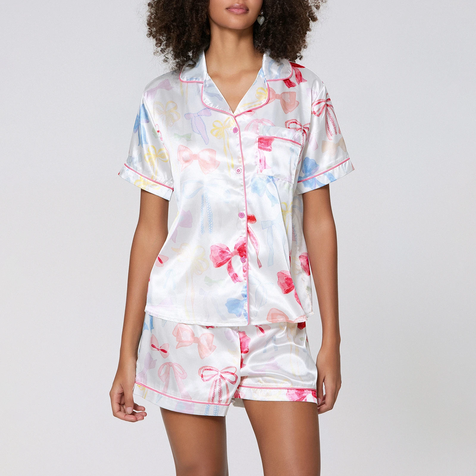 

Womens Aesthetic Bowknot Print Two Piece Pajamas Shorts Sets Satin Short Sleeve Button Shirts Shots Sleepwear Loungewear Outfits