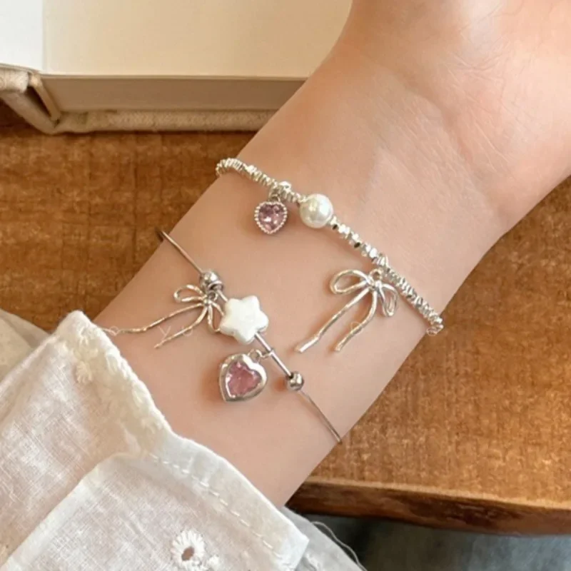 

925 Sterling Silver Pearl Bracelets For Women Girls Vintage Korean Pink Love Bow Chain Bracelet Luxury Original Party Jewelry