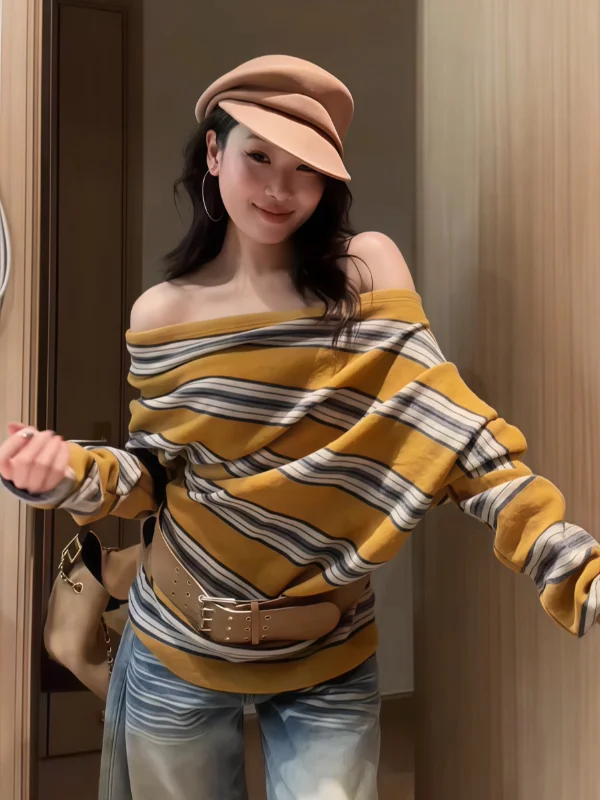 

plus Size Knitwear oulder Bared Long Sve Loose Women's Sle American Hot Girl Casual Autumn Top Striped Pattern