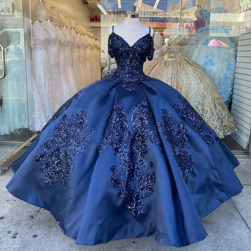 

Dark Navy Spaghetti Strap Princess Ball Gown Quinceanera Dresses Sequins Applique Birthday Party Vestidos De 15 Anos Lace-Up