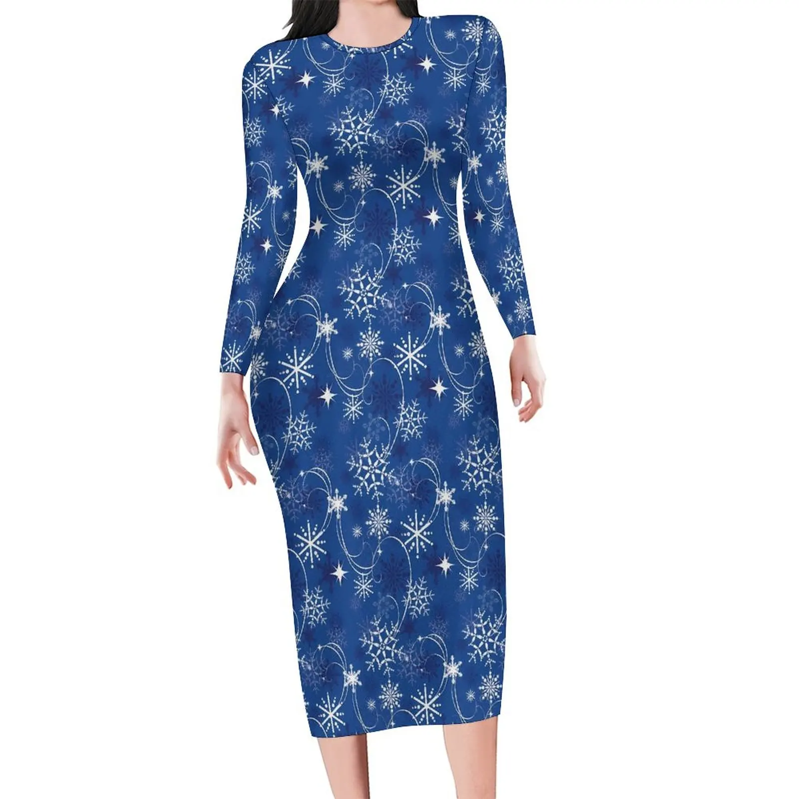 Fiocco di neve Sparkle Dress Womens Blue And White Fashion Bodycon Dress autunno manica lunga abiti alla moda Graphic Oversize Vestidos