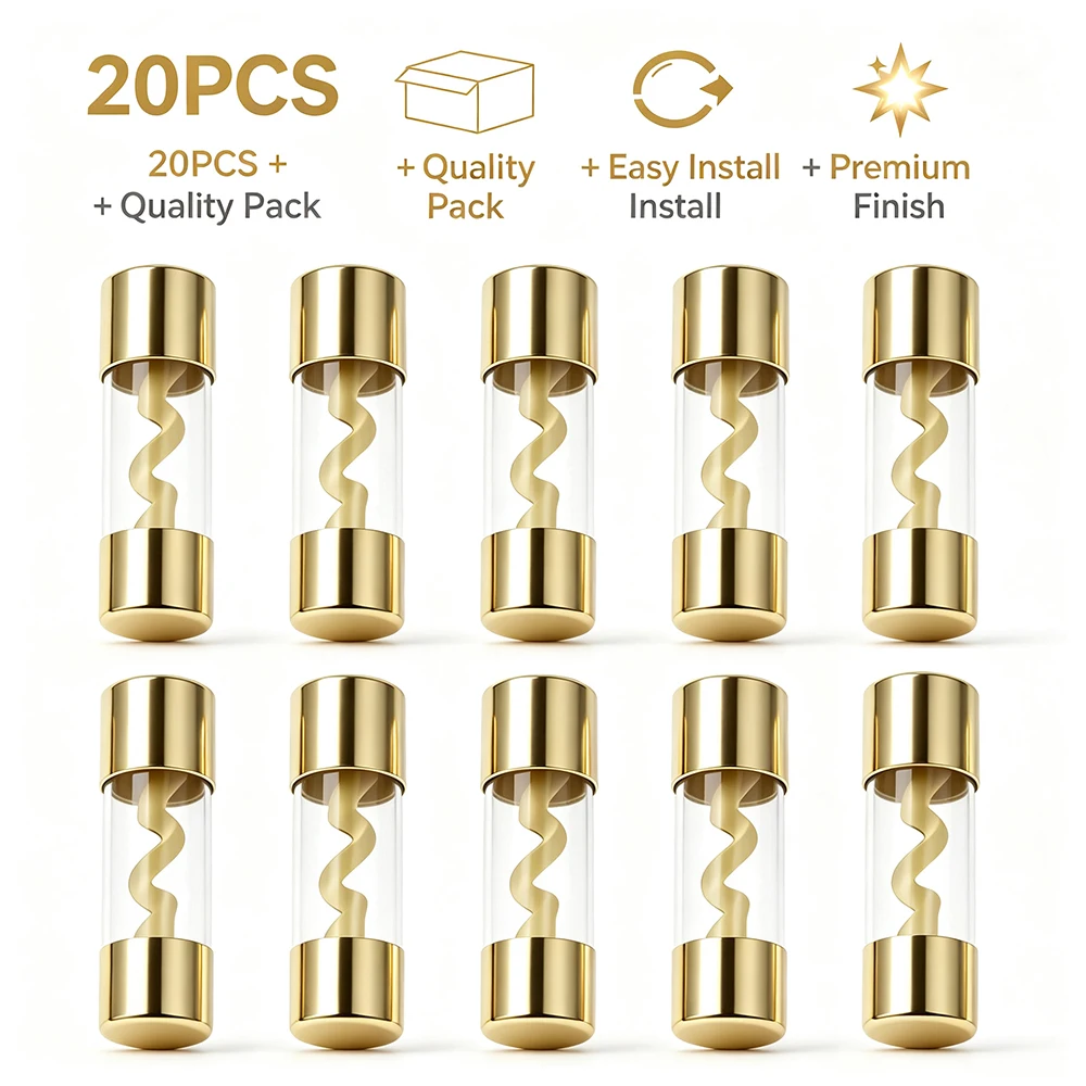 20PCS 10*38mm Gold Plated Glass Fuse Pack Audio Amp Amplifier AGU Fuse 10A 15A 20A 25A 30A 40A 50A 60A 70A 80A 100A Fuses