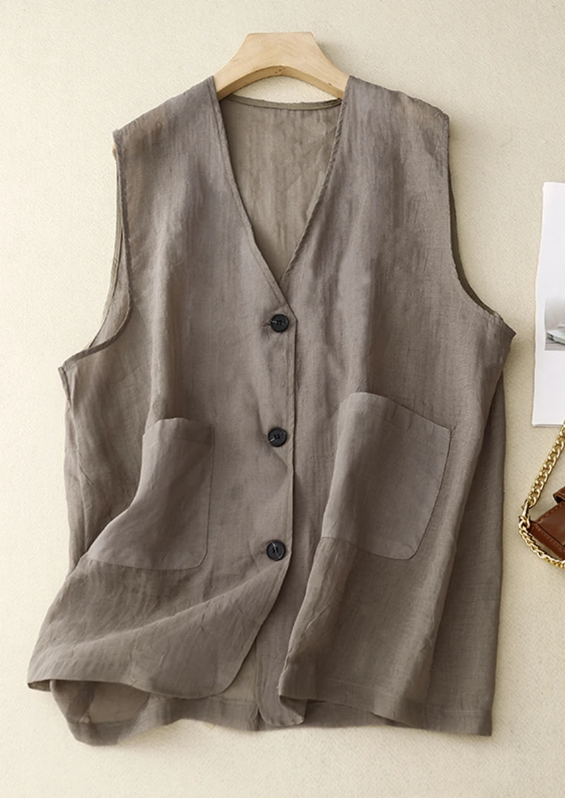 Women's Summer Thin Sheer Long Cotton Vest Black White Khaki Sleeveless Cardigan Coat Button Up Cover Up Shrug Vintage Loose Top