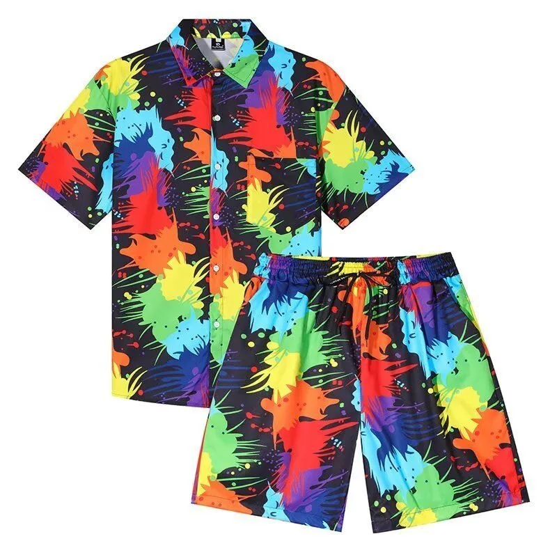 

Quick Dry Hawaiian Shirt and Short 2 Piece Sets Colorful Graffiti Short Sleeve Single Breasted Lapel Shirt Elastic Waist Loose