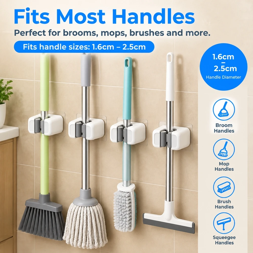 Space Saving Wall Mount Broom and Mop Holder 2 Pack No Screws Needed Plastic Clip for Kitchen Bathroom Garage Use