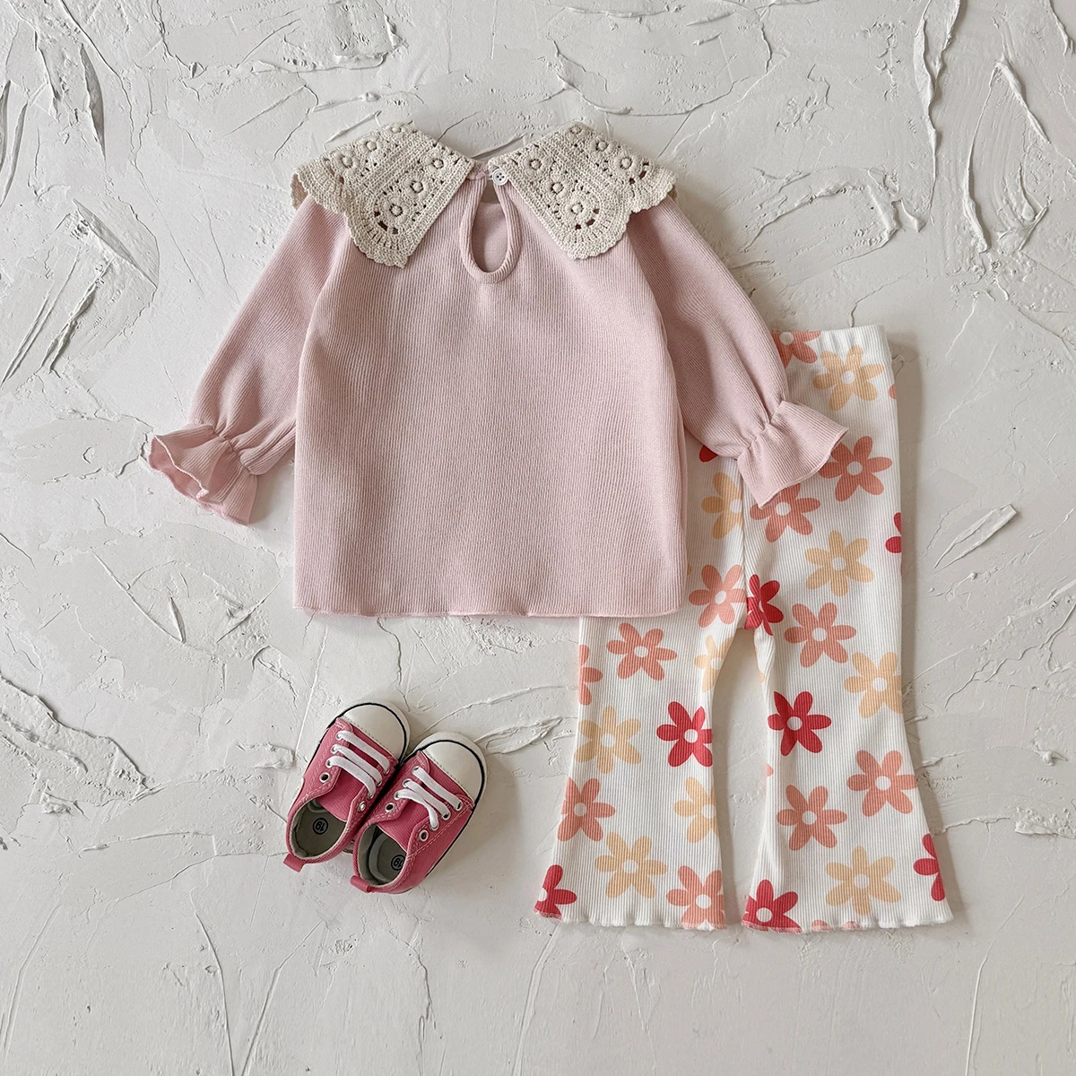 Baby Girl Floral Lace Collar Outfit Pink Ruffle Top + Flower Flare Pants 2Pcs Toddler Sweet Autumn Clothes