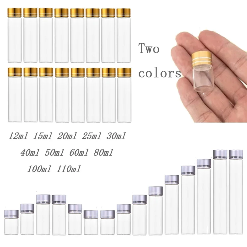 Garrafa reta de vidro transparente, 5 peças 12ml-110ml com tampa espiral de alumínio, tubo de fundo plano, recipientes de armazenamento de doces para festa