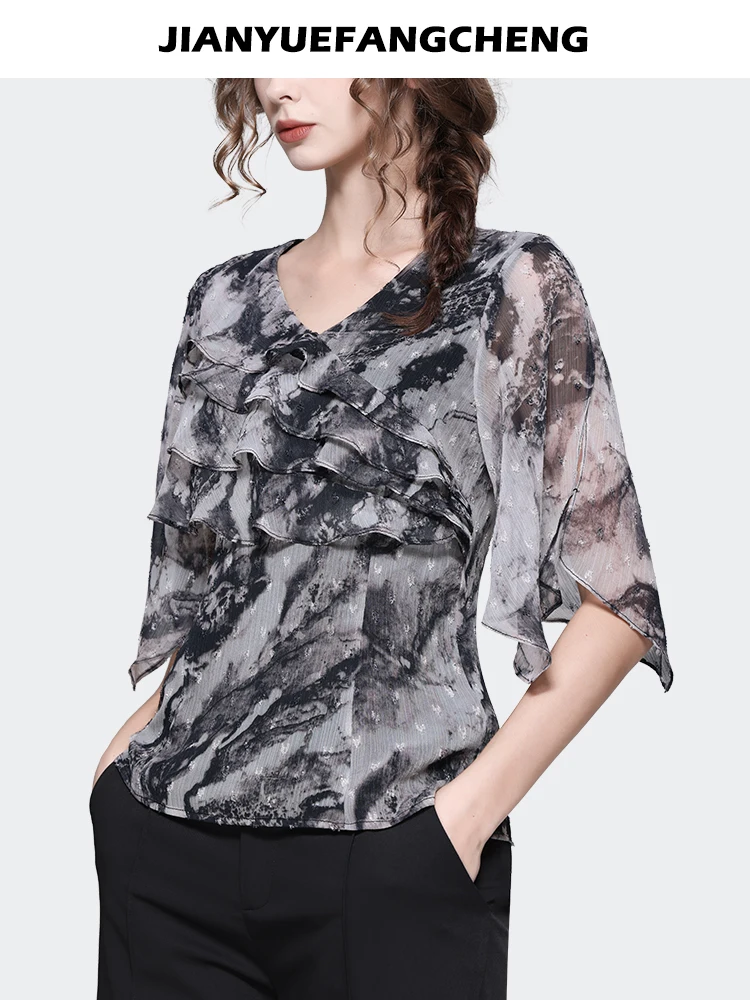 Fashion Lightweight Ruffles Black Printed Chiffon Blouse Women 2023 Summer V-neck Half Sleeve Tops Elegant Vintage Chic Shirts