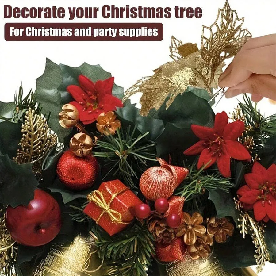 10 Stück 14cm Glitzer-Weihnachtssterne Künstliche Blumen mit Clips DIY Weihnachtsbaum-Ornamente Kranz Kamin-Dekorationen – Detail 6