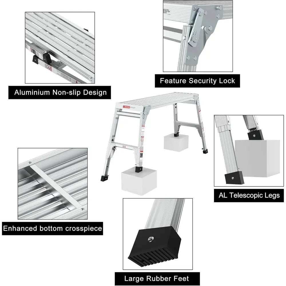 Aluminum Folding Work Platform/Step Stool with Telescoping Legs 22 - 27.5 Height Adjustable - 225 lbs, Non-Slip, Portable Ladder
